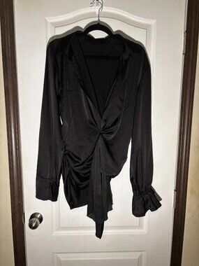 Black Satin Plunge Drape Wrap Top Ruffle Cuff Size L